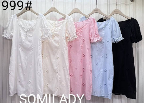 Women Spring Round Neck Hollow Embroidered Lace Dress